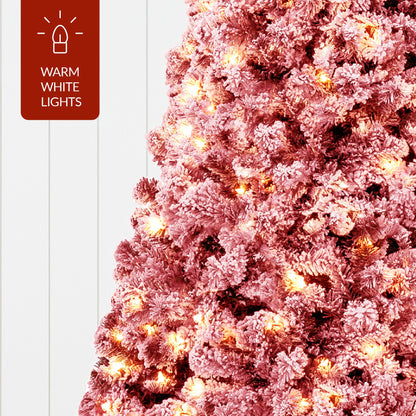 Pre-Lit Red Flocked Artificial Pine Christmas Tree w/ White Lights