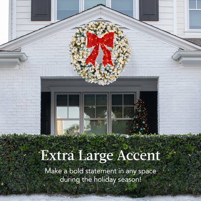 Pre-Lit Flocked Artificial Fir Christmas Wreath w/ Red Bow, LED Lights