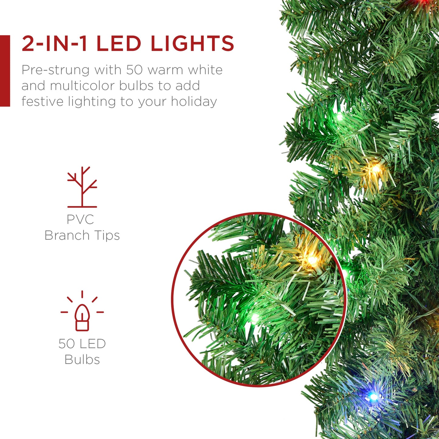9Ft Pre-Lit Christmas Garland W/ 2-In-1 Led Lights