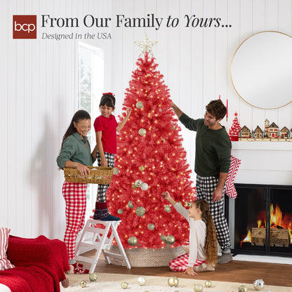 Pre-Lit Artificial Red Christmas Tree w/ Incandescent Lights