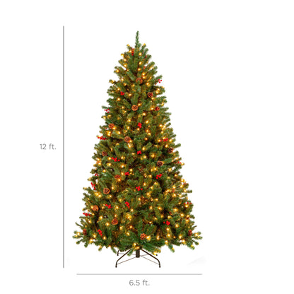 Pre-Lit Pre-Decorated Spruce Christmas Tree w/ Pine Cones, Berries