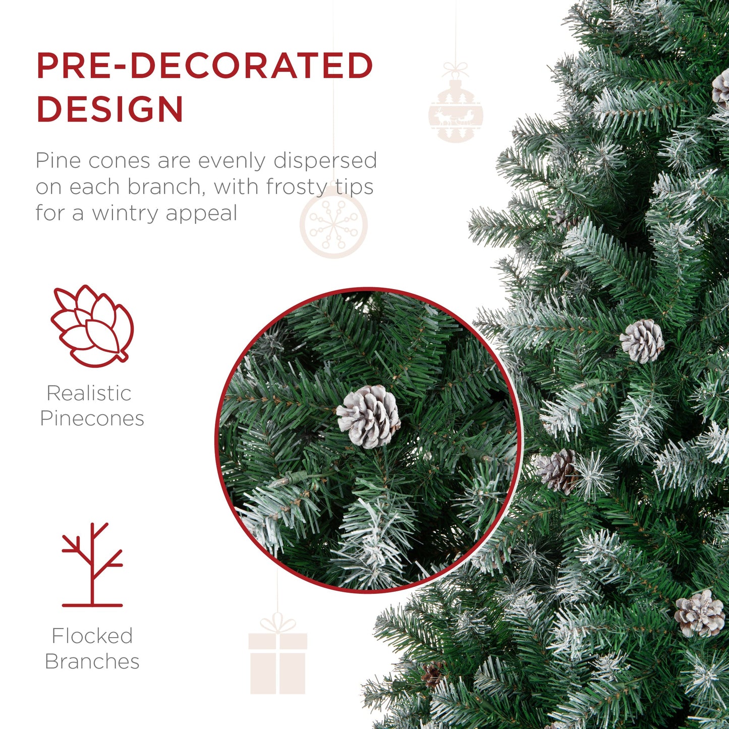 Pre-Decorated Christmas Tree w/ Pinecones, Flocked Branch Tips
