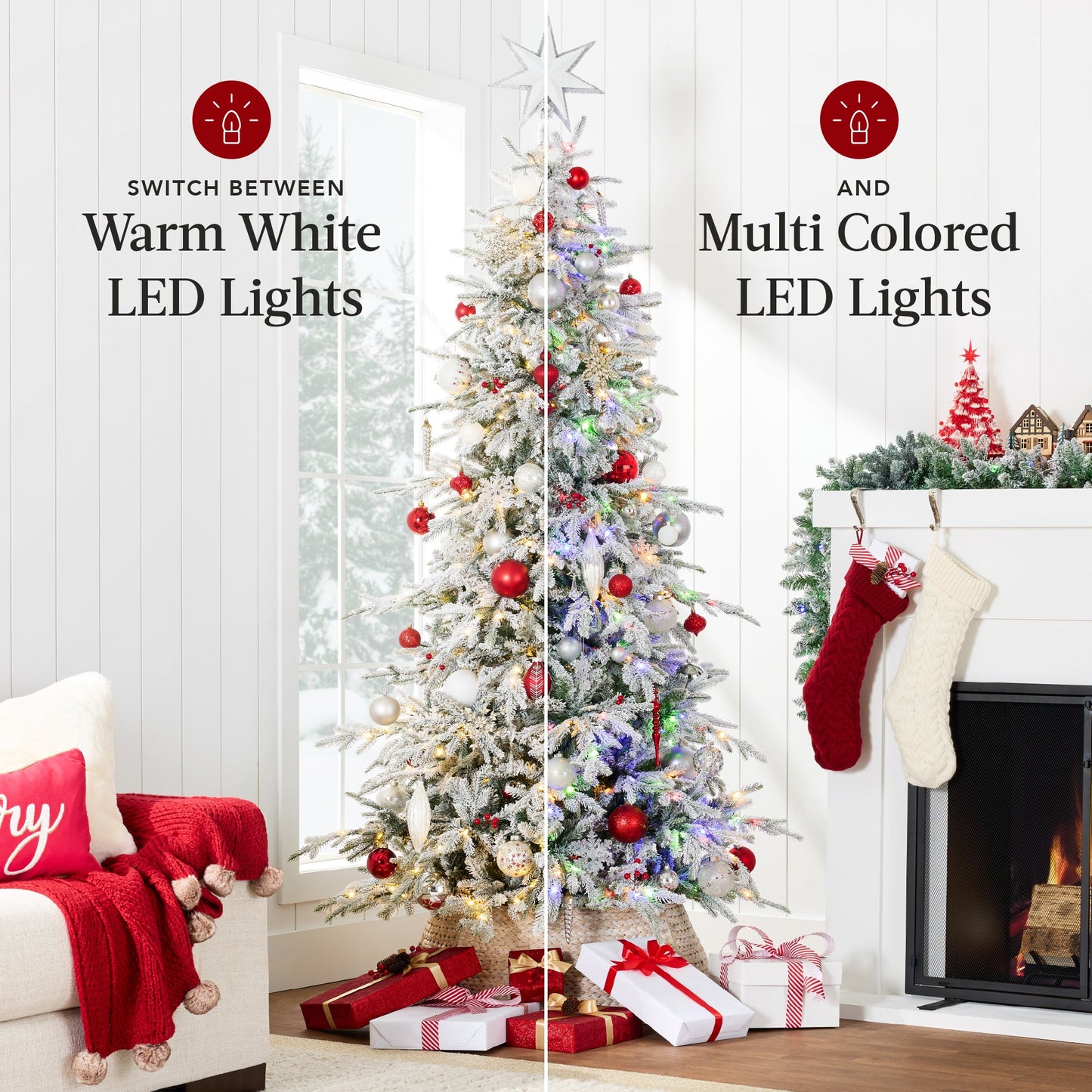 Pre-Lit Flocked Artificial Aspen Noble Fir Christmas Tree w/ Metal Stand