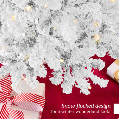 Pre-Lit White Snow Flocked Artificial Pine Christmas Tree w/ 2-in-1 Lights