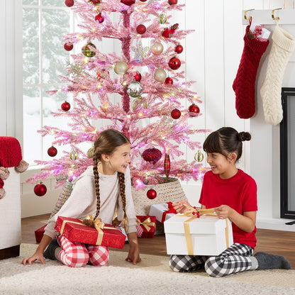 Pink Pre-Lit Sparse Flocked Christmas Tree w/ 2-in-1 LEDs, Cordless Connection