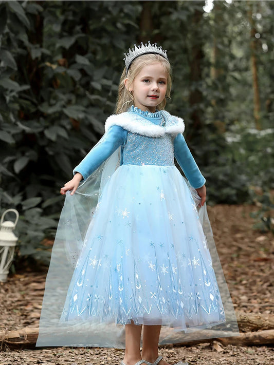 Girls' Spring 2026 New Velvet Elsa Frozen Princess Dress Kids Blue Cape 2 Piece Set Warm Dresses For Girl Party 3-9 Years Old