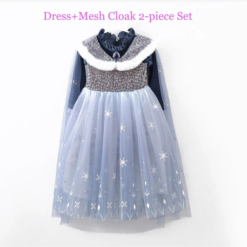 Girls' Spring 2026 New Velvet Elsa Frozen Princess Dress Kids Blue Cape 2 Piece Set Warm Dresses For Girl Party 3-9 Years Old