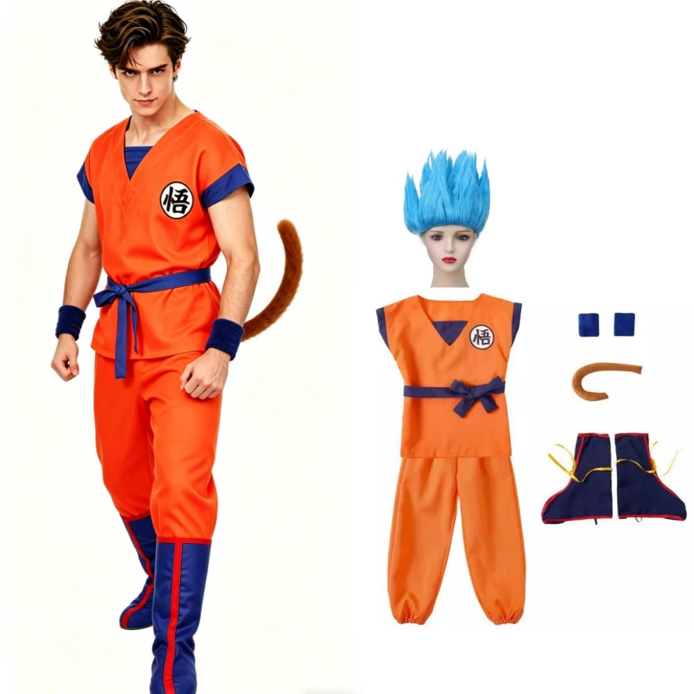 Halloween Adult Son Goku Cosplay Costume Suit Anime Men Woman Krillin Training Clothes Superheroes Saiyan Jumpsuit Role Play Wig