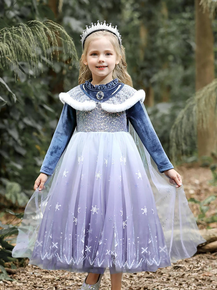 Girls' Spring 2026 New Velvet Elsa Frozen Princess Dress Kids Blue Cape 2 Piece Set Warm Dresses For Girl Party 3-9 Years Old