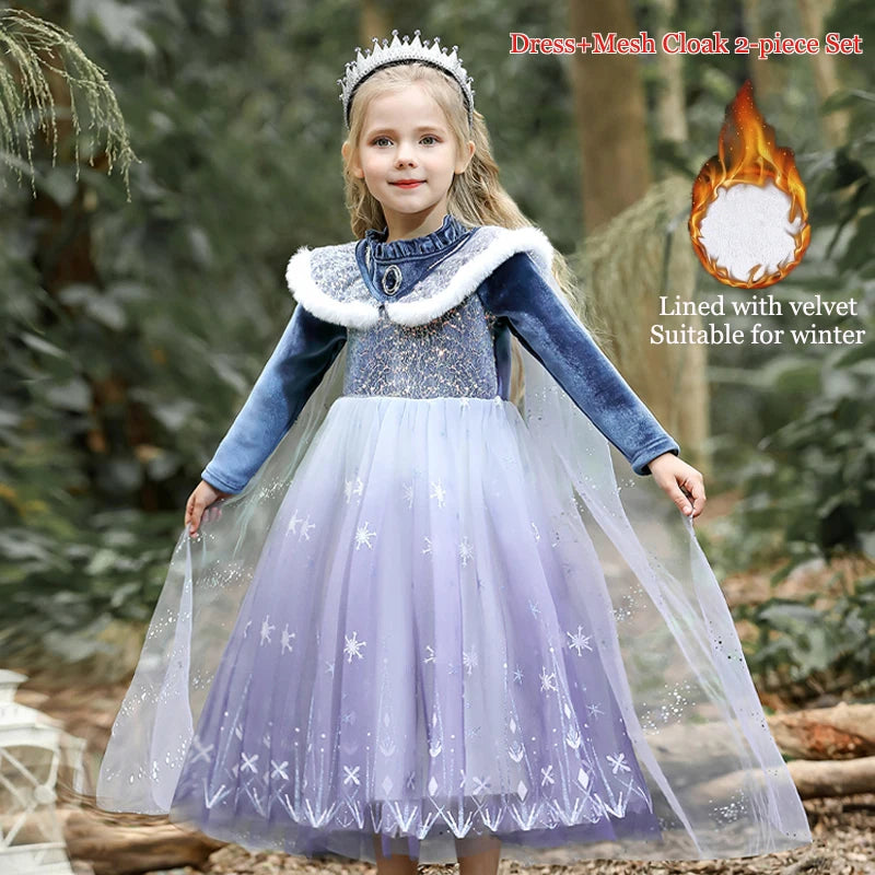 Girls' Spring 2026 New Velvet Elsa Frozen Princess Dress Kids Blue Cape 2 Piece Set Warm Dresses For Girl Party 3-9 Years Old