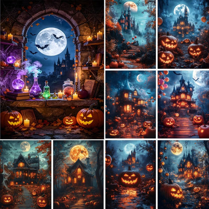 Halloween Photography Background Dark Blue Full Moon Night Castle Pumpkin Lantern Kids Family Halloween Portrait Photo Backdrop