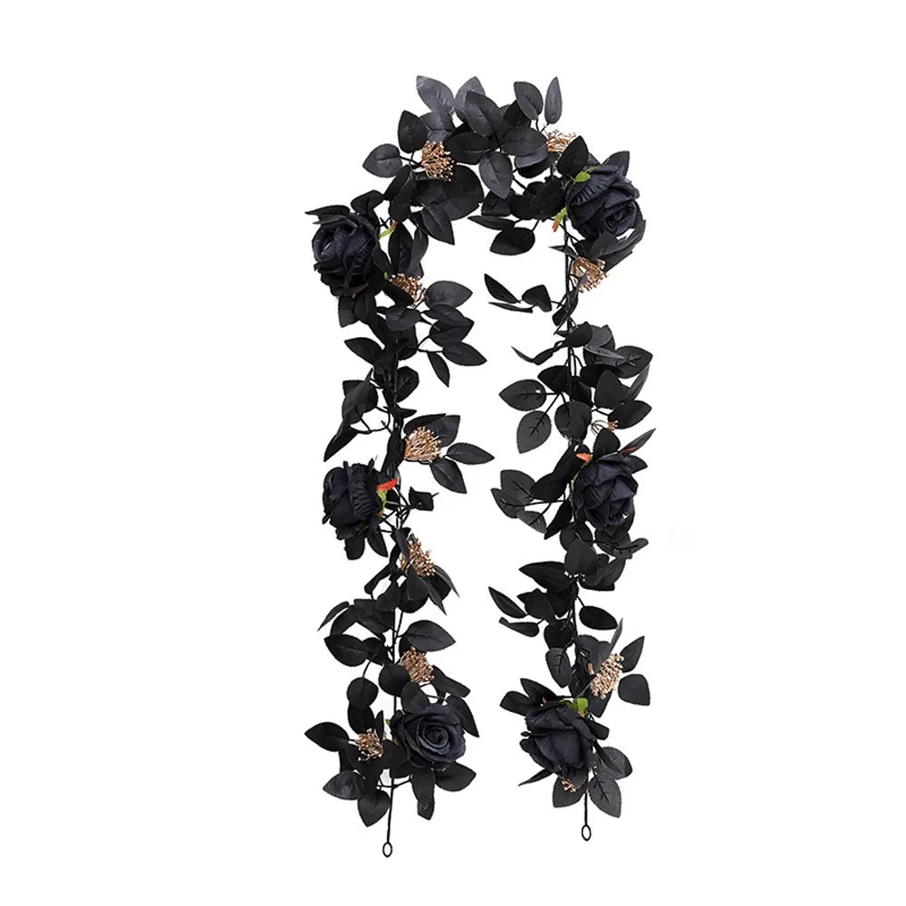 Black Halloween Rose Leaf Vines 175cm Realistic Artificial Rose Vines Simulated Flowers Handmade Halloween Garland