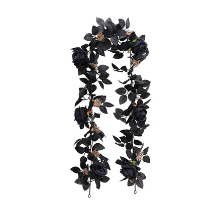 Black Halloween Rose Leaf Vines 175cm Realistic Artificial Rose Vines Simulated Flowers Handmade Halloween Garland