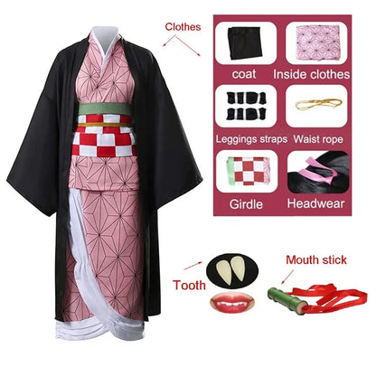 Adult Kids Anime Kamado Nezuko Costume Cosplay Earrings Figure Mask Keychain Shoes Wig Tooth Woman Girl Kimono Gift