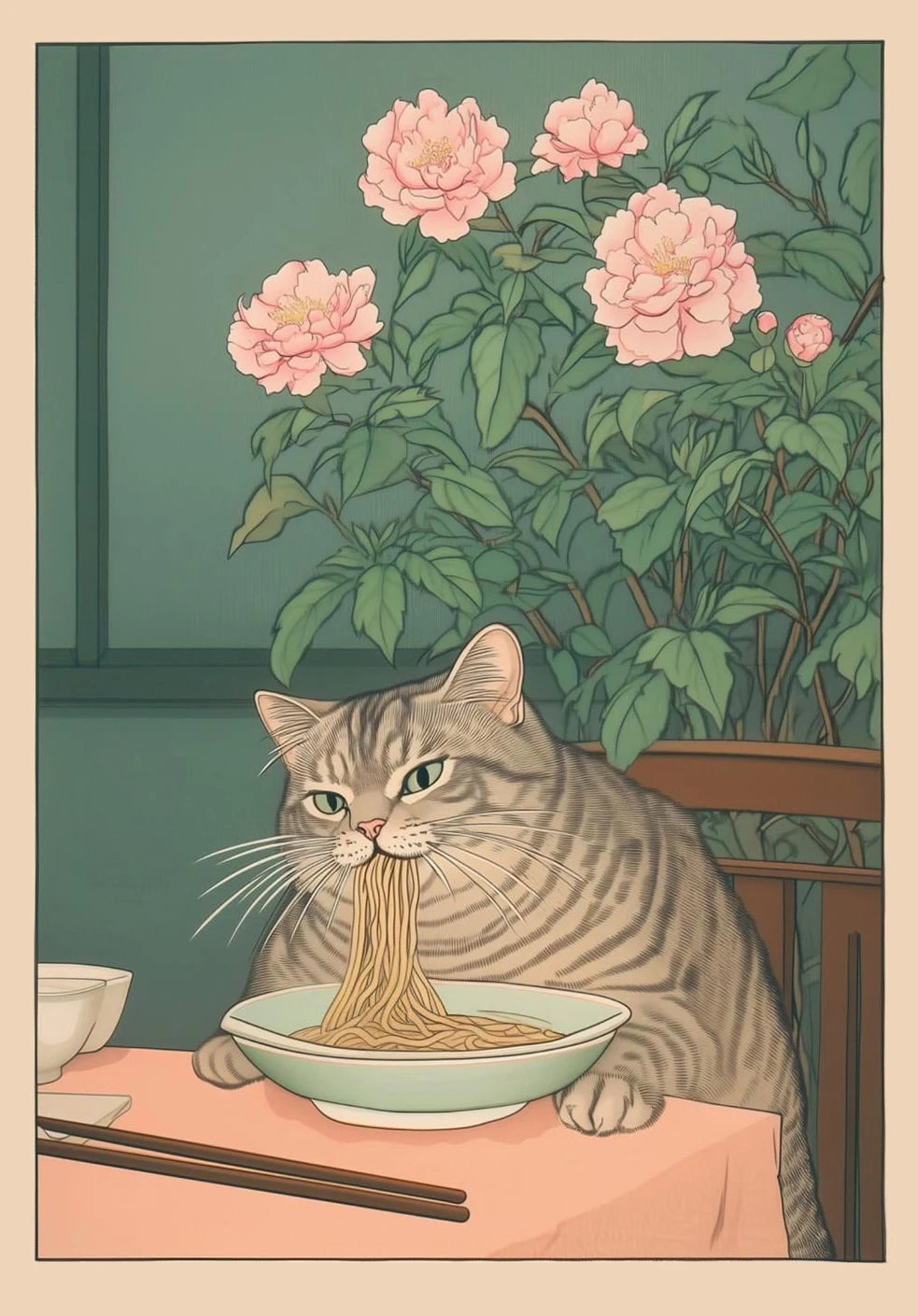 Japanese Tabby Cat in Bathtub Poster Prints Canvas Painting Retro Aesthetic Wall Art Picture Japandi Bathroom Toilet Home Decor