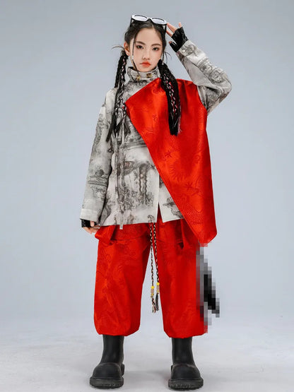 Hip Hop Modern Dance Boy Red Contrast Street Dance Pants Girls Shirt Children Streetwear Kids Jazz Fashion Costumes Clothes Sets
