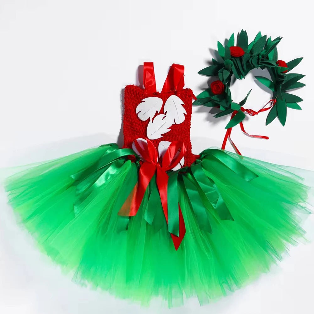 Red Green Hawaiian Girl Dress for Kids Tropical Aloha Style Party Costumes Bohemian Island Holiday Outfit Beach Fancy Tutus