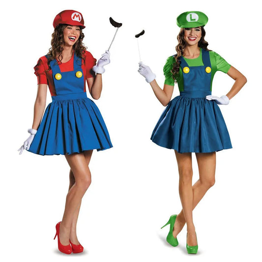 Super Luigi Brothers Plumber Cosplay Costumes Skirt Hat Caps Set Halloween Carnival Party Costume Props for Women Adults