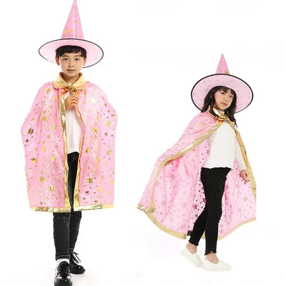 Kids Cape Magician Wizard Cloak Hat Boys Girls Cosplay Costumes Hot Stamping Five-pointed Star Cloak Halloween Costume