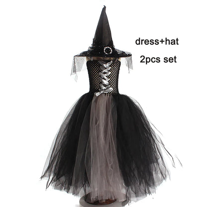 Girls Gothic Halloween Ghost Witch Costume Flare Sleeve Kids Gown Robe Tutu Dress with Witch Hat for Purim Carnival Party