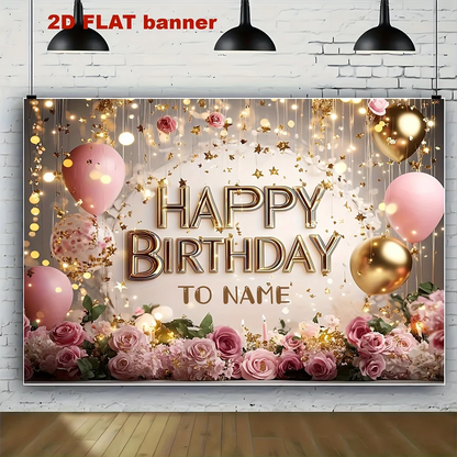 1pc  Pink Gold Floral Happy Birthday Party Backdrop Banner Custom Name Birthday Background for Photo Booth