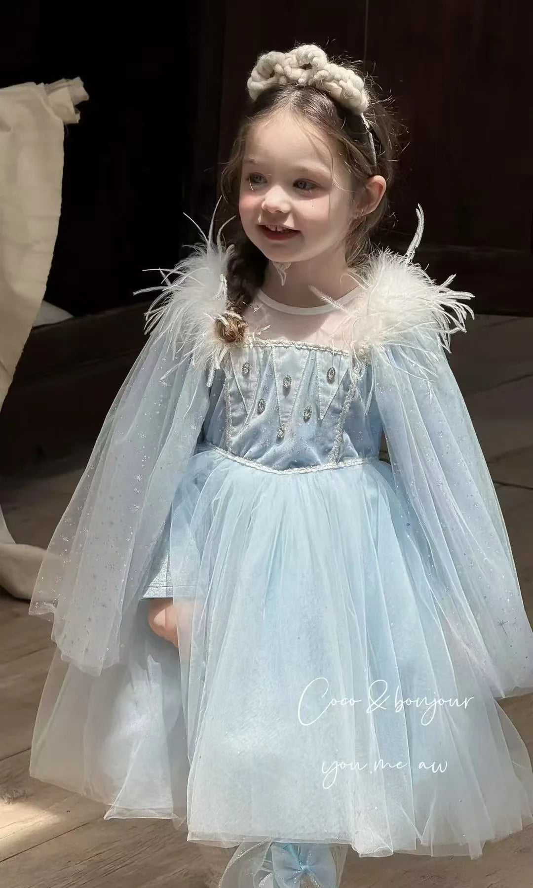 Elsa Frozen Princess Dress with Detachable Cape, Long Sleeve Velvet Sequins Snowflake Dresses for 2-10 Years Girls Party Costume