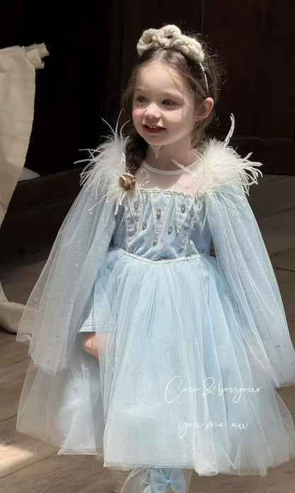 Elsa Frozen Princess Dress with Detachable Cape, Long Sleeve Velvet Sequins Snowflake Dresses for 2-10 Years Girls Party Costume