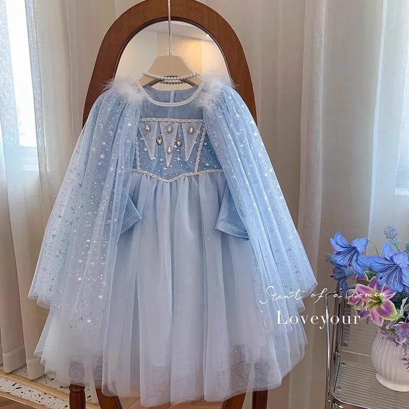 Elsa Frozen Princess Dress with Detachable Cape, Long Sleeve Velvet Sequins Snowflake Dresses for 2-10 Years Girls Party Costume