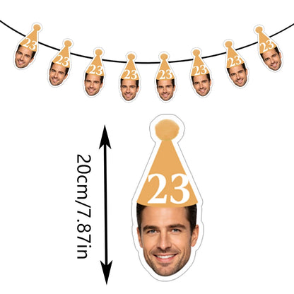 8pcs Custom Face Photo and Age Solid Color Simple Birthday Cone Hat Banner Bunting, Suitable for Any Age Birthday Party