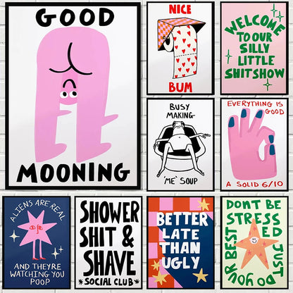 Humorous Slogan Nice Bum Cartoon Prints Family Canvas Painting Funny Toilet Bathroom Posters Alien Wall Pictures Home Room Decor