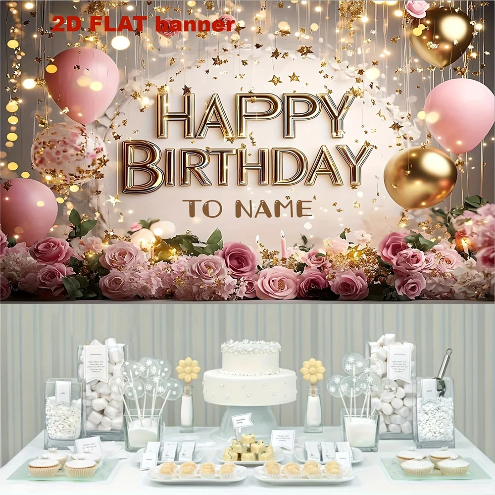 1pc  Pink Gold Floral Happy Birthday Party Backdrop Banner Custom Name Birthday Background for Photo Booth