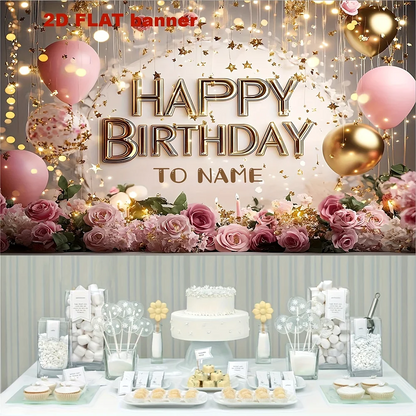 1pc  Pink Gold Floral Happy Birthday Party Backdrop Banner Custom Name Birthday Background for Photo Booth