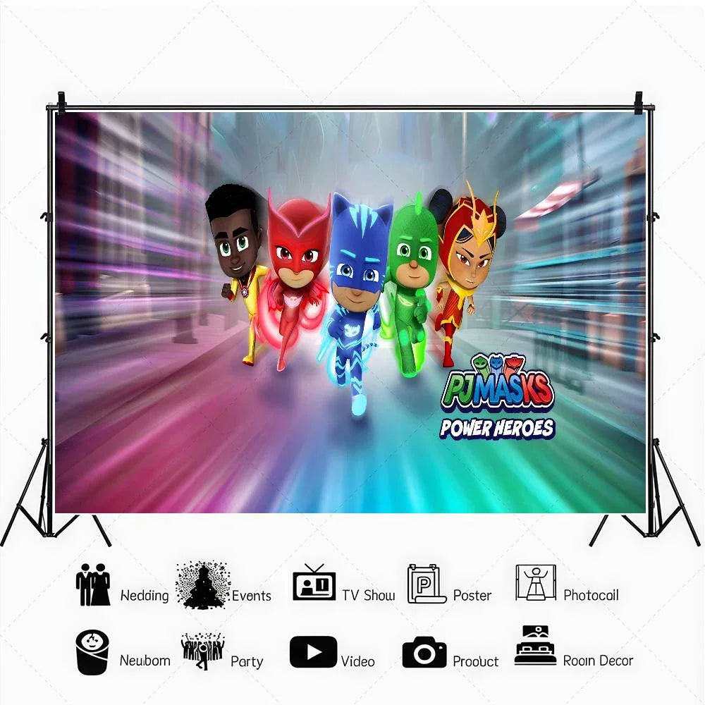 PJ M-Masks Birthday Party Backdrop Catboy Owlette Gekko Moon Night City Superhero Custom Photo Booth Kids Baby Shower Decor