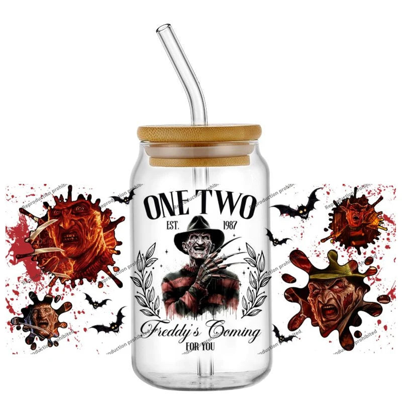 Hotsale Spooky Horror Movie Killer Poster Art 16oz UV DTF 3D Sticker Transfer Decals Trendy Glass Can Cups Halloween Craft DIY