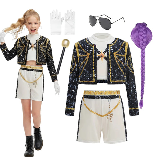 Girls 3 PCS Set Halloween Cosplay Top Jacket Skirt Shorts Dance Korean Role Play Singer Show Outfit  Stage Performance Costume