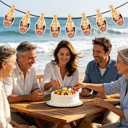 8pcs Custom Face Photo and Age Solid Color Simple Birthday Cone Hat Banner Bunting, Suitable for Any Age Birthday Party