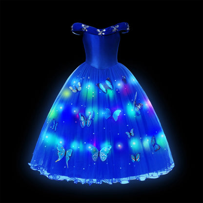 Girl Princess Dress with LED Light Up Costume for Children Cosplay Party Clothes Blue Pink Outfit Carnival Christmas Prom Gown