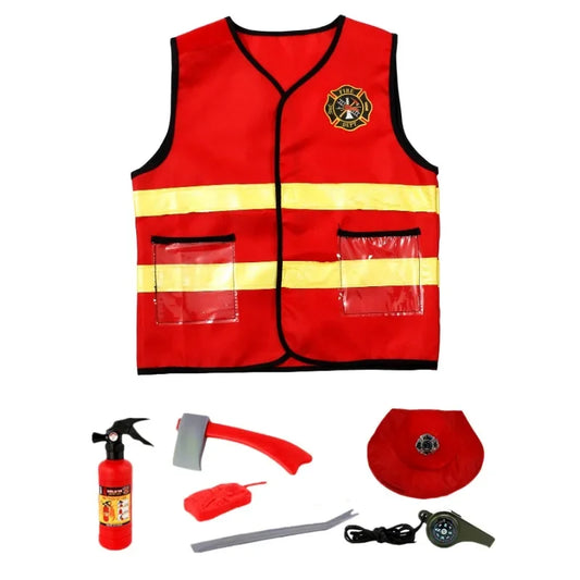 Toddler Red Fireman Costume Printed Play Vest Dress Up Set Realistic Adventure Heroes Toys Kids Play House Birthday Gift