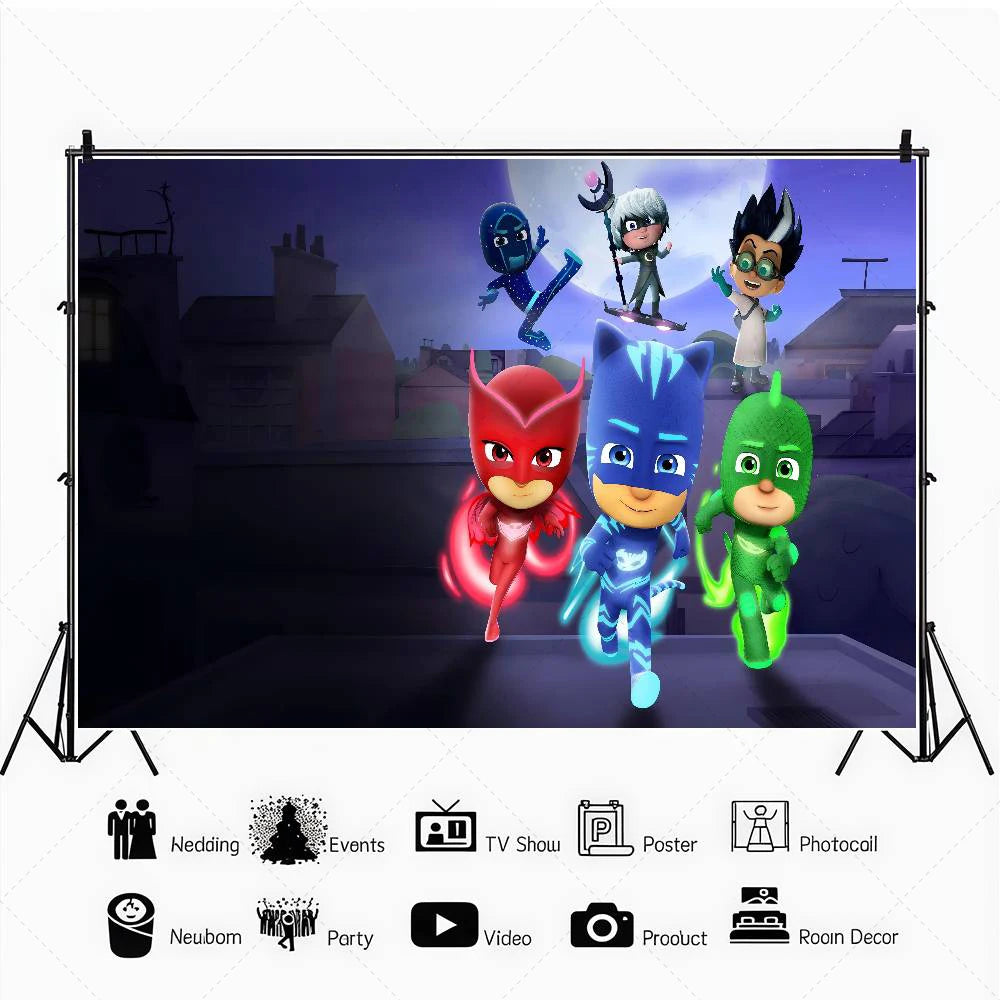 PJ M-Masks Birthday Party Backdrop Catboy Owlette Gekko Moon Night City Superhero Custom Photo Booth Kids Baby Shower Decor