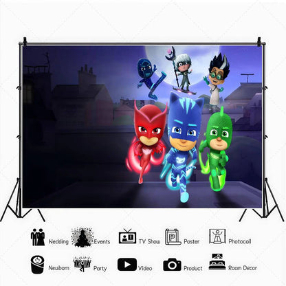 PJ M-Masks Birthday Party Backdrop Catboy Owlette Gekko Moon Night City Superhero Custom Photo Booth Kids Baby Shower Decor