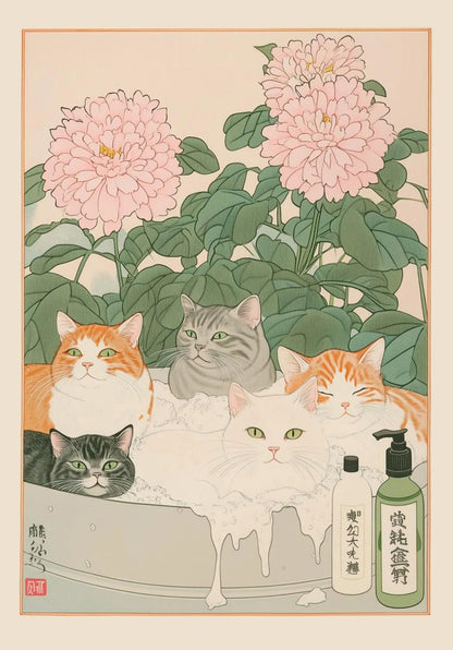 Japanese Tabby Cat in Bathtub Poster Prints Canvas Painting Retro Aesthetic Wall Art Picture Japandi Bathroom Toilet Home Decor