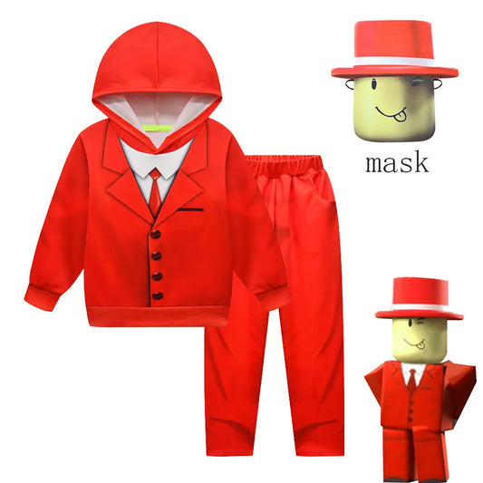 Kids Pocket Devs VR Game ROB Cosplay Costume Funny Cartoon Red Suit Man Cosplay Hoodie Pants Party Sets Free Mask Children Gift