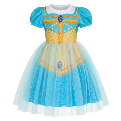 Girls Short Sleeve Fairy Tale Tulle Princess Dress With Printed Pattern Kids Birthday Party Belle Aurora Cosplay Costume 3-10Yrs