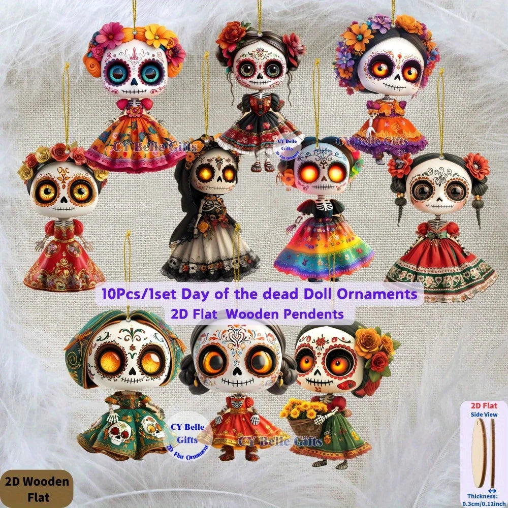 10Pcs Mini 2D Wooden Mexican Candy Doll Hanging Decoration for Halloween Day of The Dead Prank Horror Party Bar Home DIY Decorat
