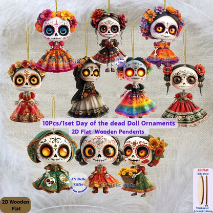 10Pcs Mini 2D Wooden Mexican Candy Doll Hanging Decoration for Halloween Day of The Dead Prank Horror Party Bar Home DIY Decorat