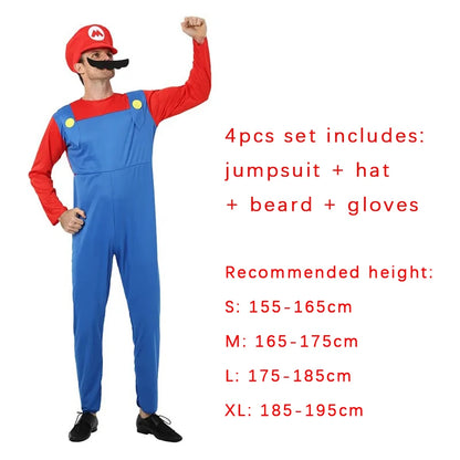 Game Plumber Bros Cosplay Costume Set Jumpsuit Dress Hat Beard Gloves Adult Men Women Uniform Halloween Party Role Play Outfit