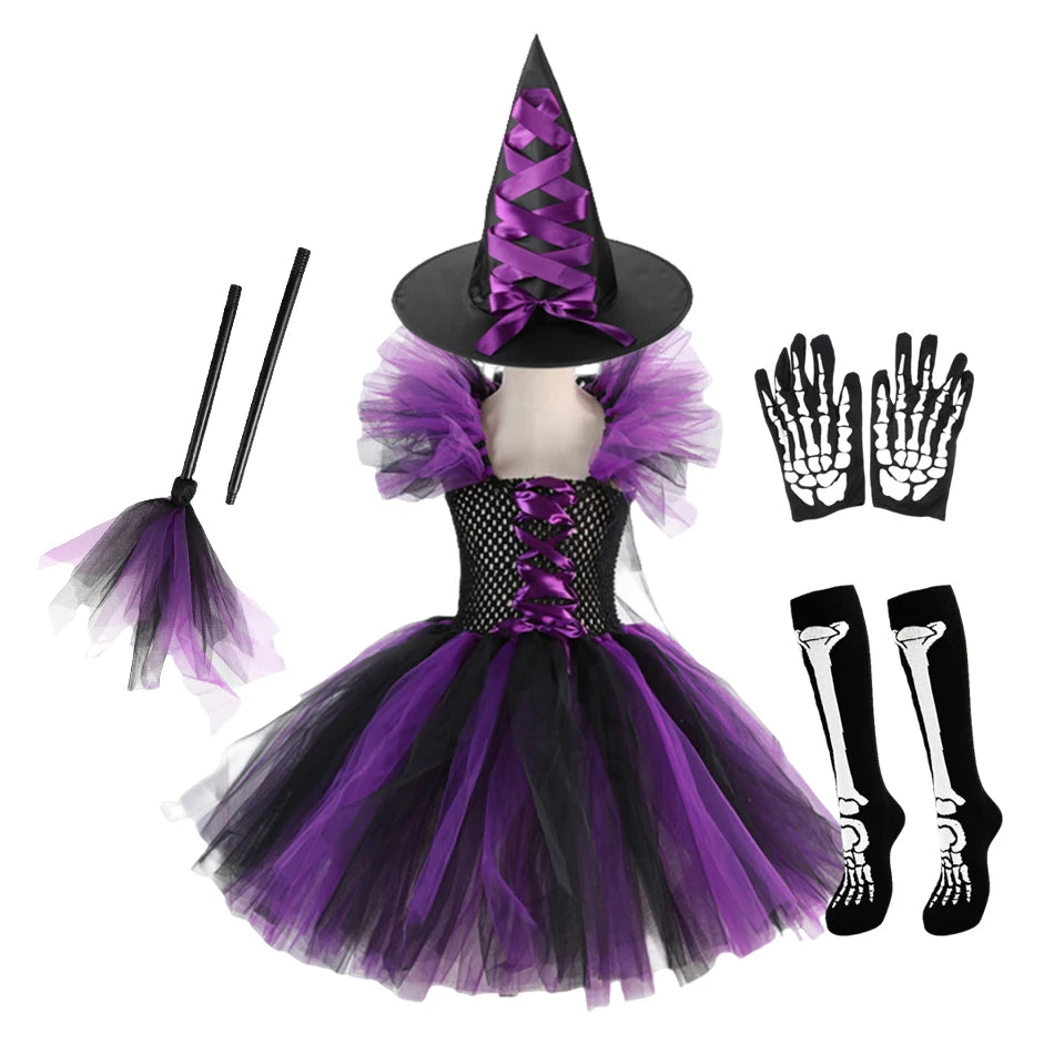 Girl Halloween Cosplay Witch Hat Broom Disguise Costume Dress Up Kids Carnival Party Children Vestidos Outfit