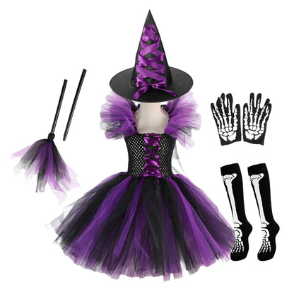 Girl Halloween Cosplay Witch Hat Broom Disguise Costume Dress Up Kids Carnival Party Children Vestidos Outfit
