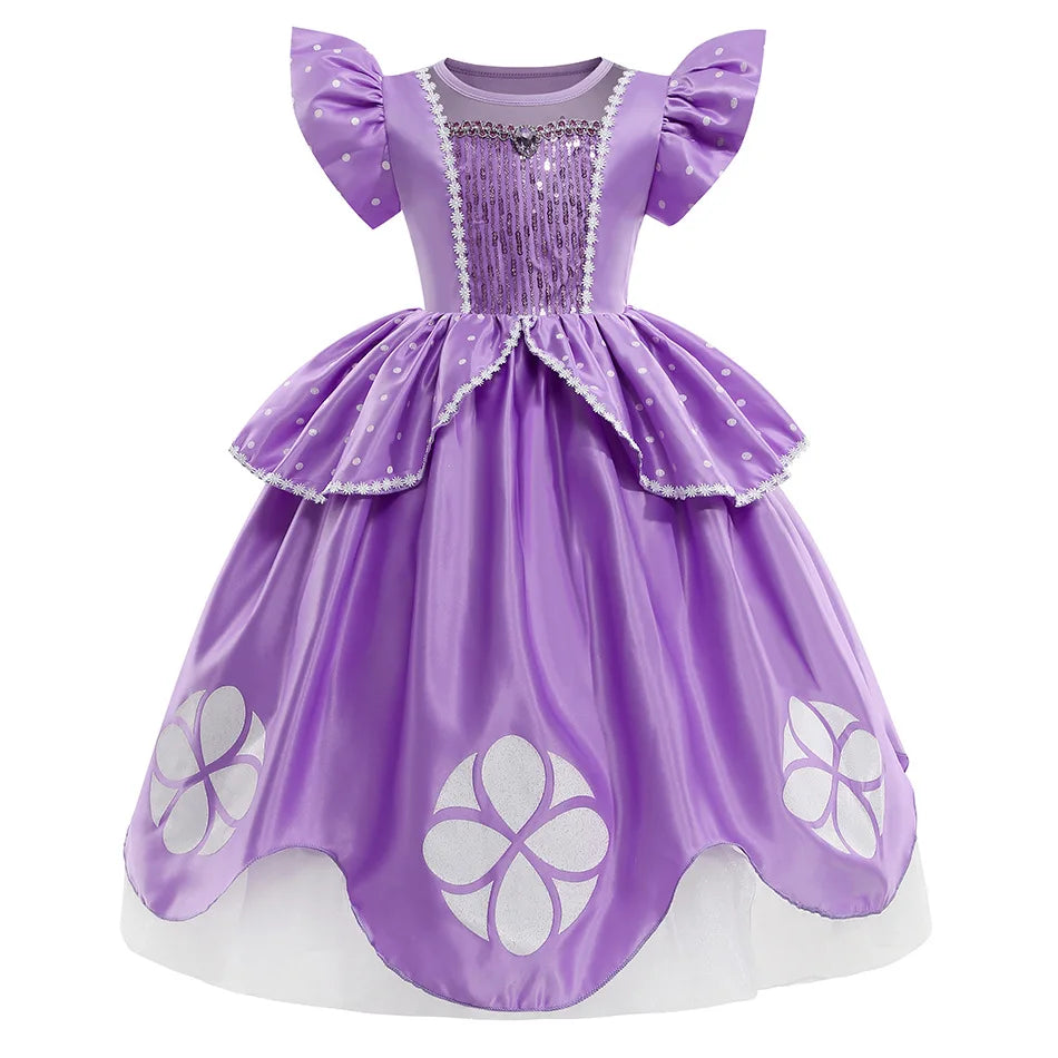 Little Sophia Role Playing  Cute Ball Gown Sofia Costume Play Dress Tea Length Puffy Birthday Party Frock As a Intern Princess