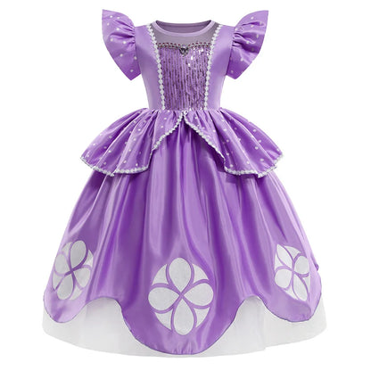 Little Sophia Role Playing  Cute Ball Gown Sofia Costume Play Dress Tea Length Puffy Birthday Party Frock As a Intern Princess